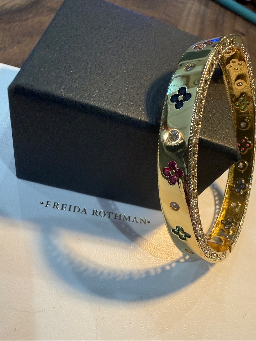 Freida Rothman Vault Brass Base Clover Bangle Bracelet - multi color